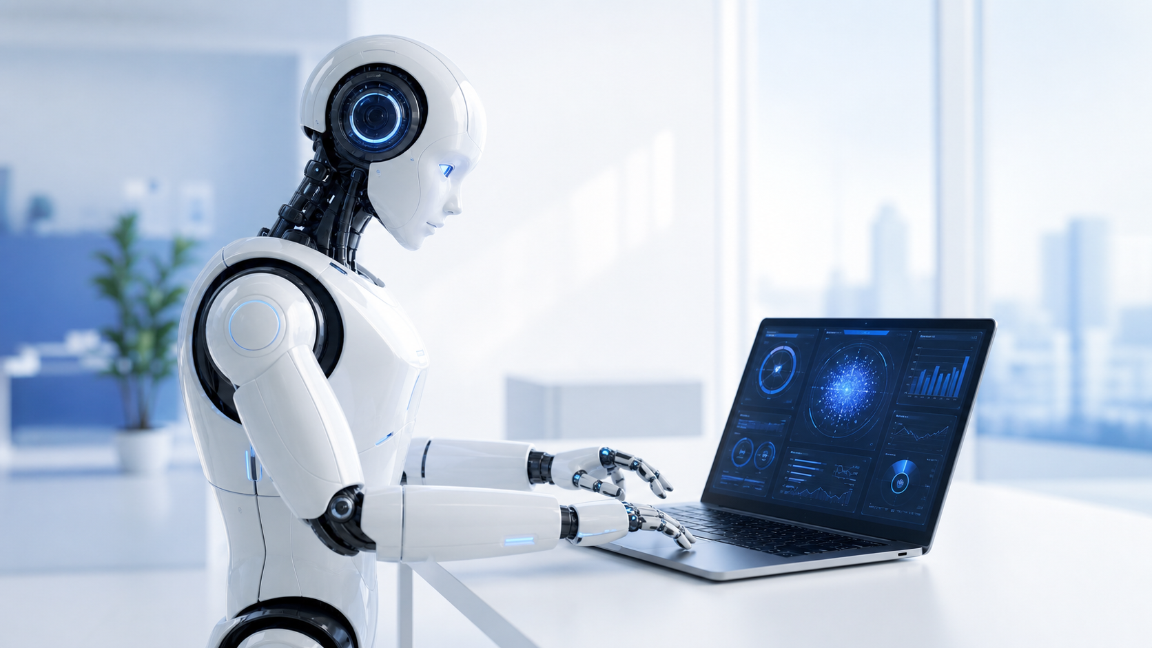 AIダッシュボードを表示したノートPCを操作する白いロボット
